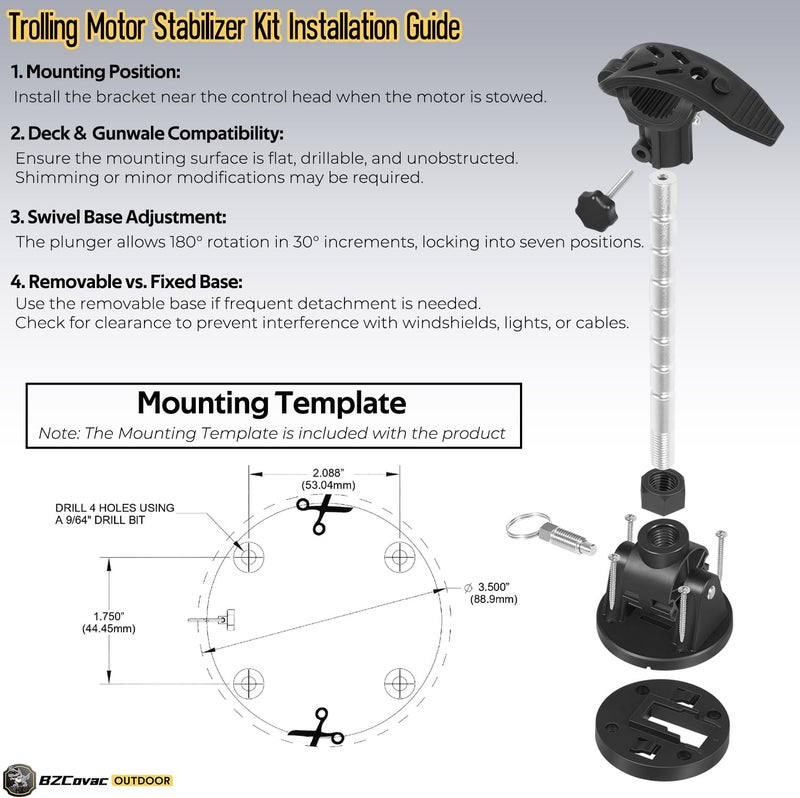 Bzcovac Electric Steer Trolling Motor Stabilizer Mount Support for Minn Kota Terrova, Riptide, Ulterra, PowerDrive and More - Low-Profile Base with Screws, Includes Extra Adjustable Aluminum Rod - Image 4